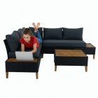 Kerti rattan szett, akácfa, fekete/szürke/természetes, MALKOM